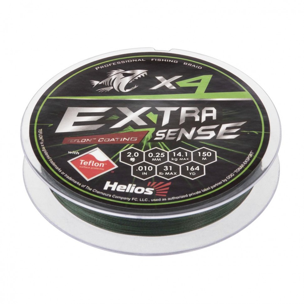 Шнур плетеный Helios Extrasense X4 PE 2/31LB 0,25мм 150м Green HS-ES-X4-2/31LB , 